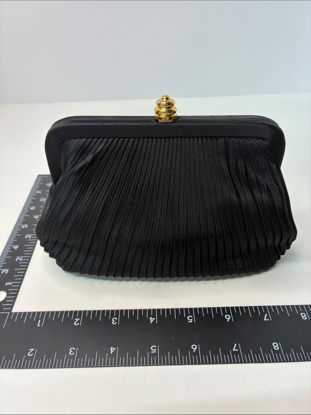 Black Pleated Satin Evening Clutch with Gold Kiss Lock - Picture 2 of 5